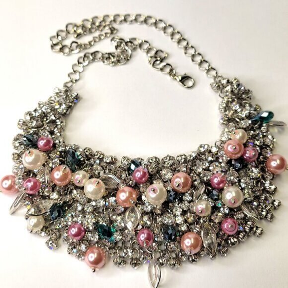 Crystal Rhinestones and Colourful Pearl Bib Collar Statement Choker Necklace - Picture 1 of 16